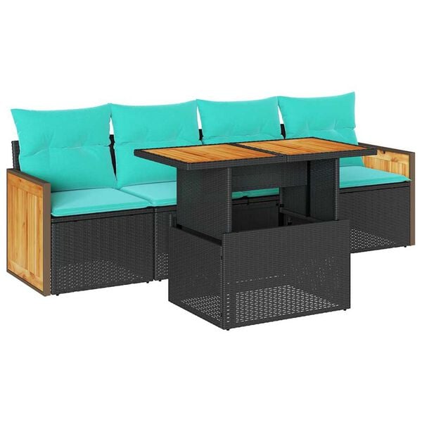 vidaXL 5tlg. Garten-Sofagarnitur mit Kissen Schwarz Poly Rattan Akazie