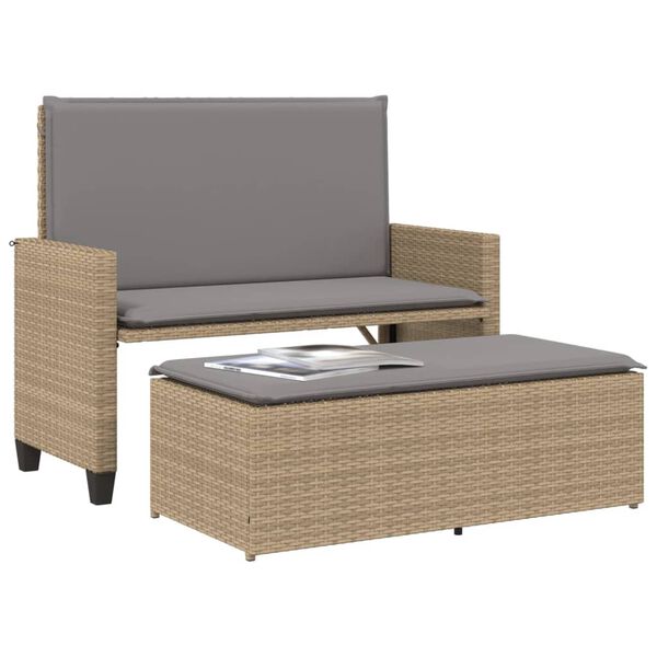 vidaXL Gartenbank mit Kissen und Hocker Beige Poly Rattan