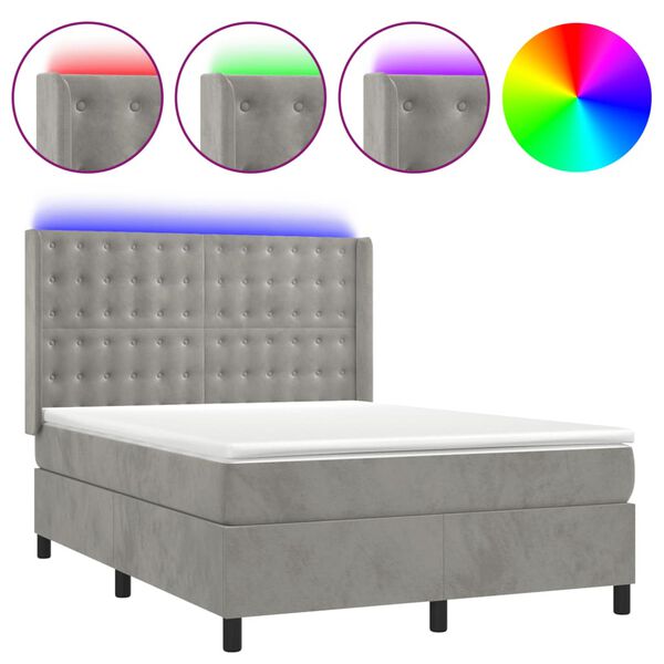 vidaXL Boxspringbett mit Matratze & LED Hellgrau 140x190 cm Samt