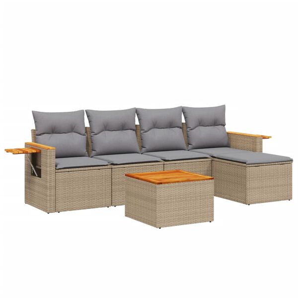 vidaXL 6-tlg. Garten-Sofagarnitur mit Kissen Beige Poly Rattan