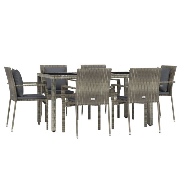 vidaXL 7-tlg. Garten-Essgruppe mit Kissen Grau Poly Rattan