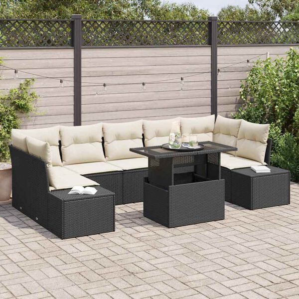 vidaXL Sofa Set mit Kissen 8 pcs Schwarz und Creme Poly-Rattan