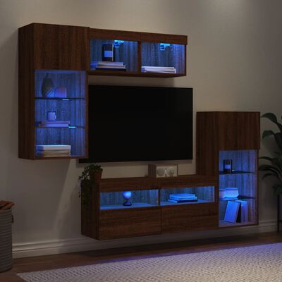 vidaXL 5-tlg. Wohnwand mit LED-Beleuchtung Braun Eichen-Optik
