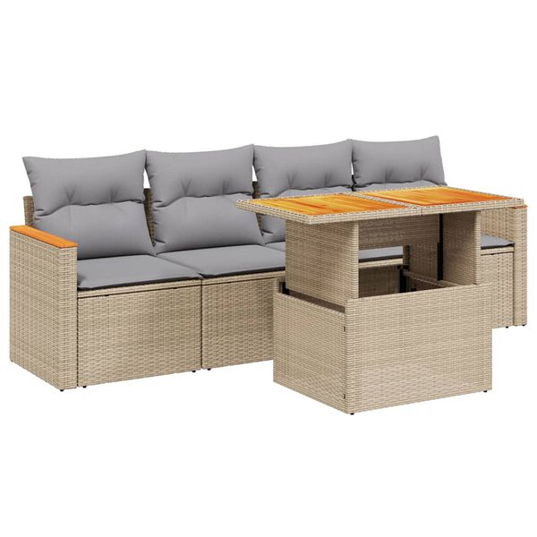 vidaXL 5-tlg. Garten-Sofagarnitur mit Kissen Beige Poly Rattan