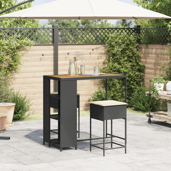 vidaXL 3-tlg. Gartenbar-Set mit Kissen Schwarz Poly Rattan