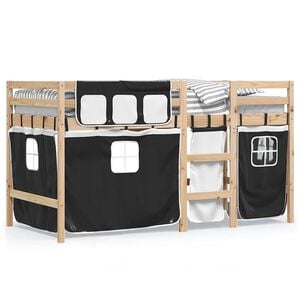 vidaXL Kinderhochbett mit Vorh&auml;ngen Wei&szlig; Schwarz 90x190 cm Kiefernholz