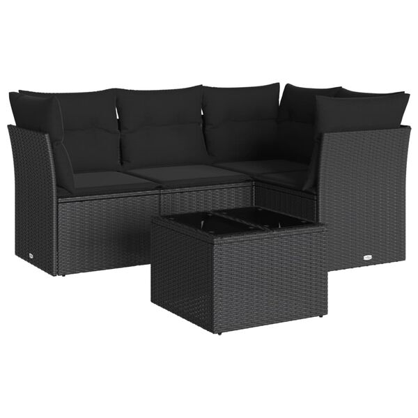 vidaXL 5-tlg. Garten-Sofagarnitur mit Kissen Schwarz Poly Rattan