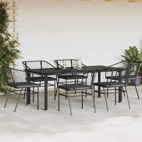 vidaXL 7-tlg. Garten-Essgruppe mit Kissen Schwarz Poly Rattan Glas