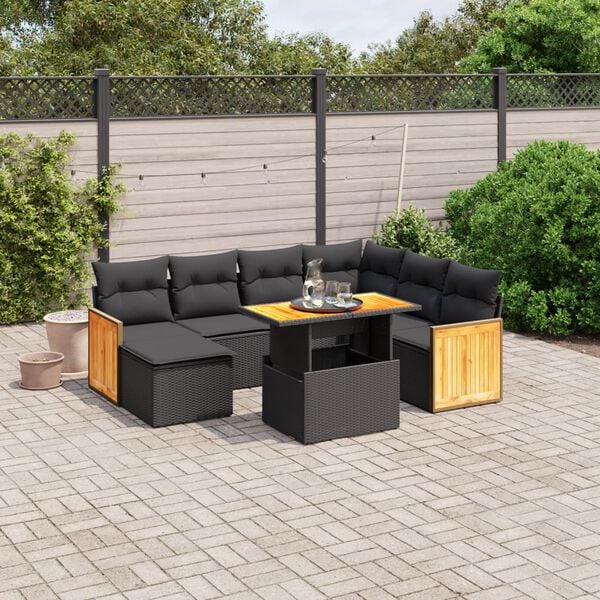 vidaXL 8-tlg. Garten-Sofagarnitur mit Kissen Schwarz Poly Rattan