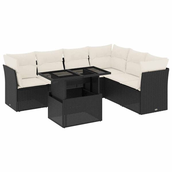 vidaXL 7-tlg. Garten-Sofagarnitur mit Kissen Schwarz Poly Rattan