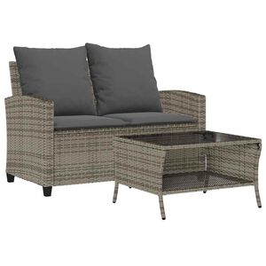 vidaXL Gartensofa 2-Sitzer mit Kissen & Tisch Grau Poly Rattan