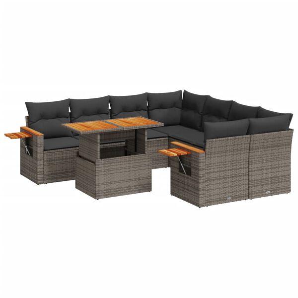 vidaXL 9-tlg. Garten-Sofagarnitur mit Kissen Grau Poly Rattan