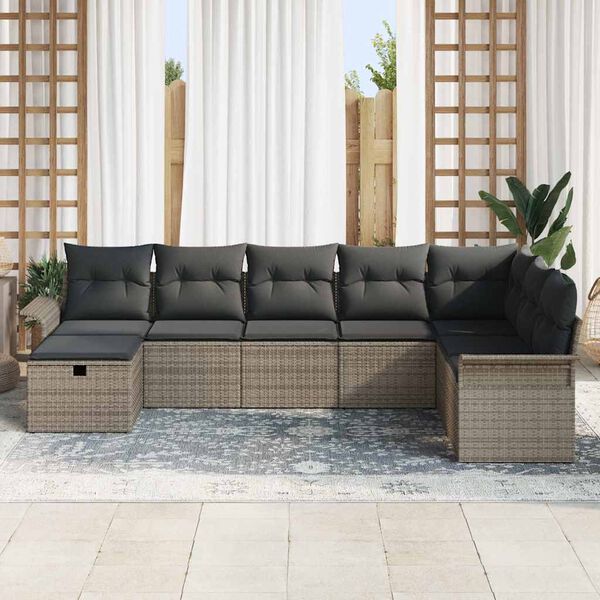 vidaXL Garten-Sofa-Set mit Kissen mit Speicher 8 pcs Grau Poly Rattan