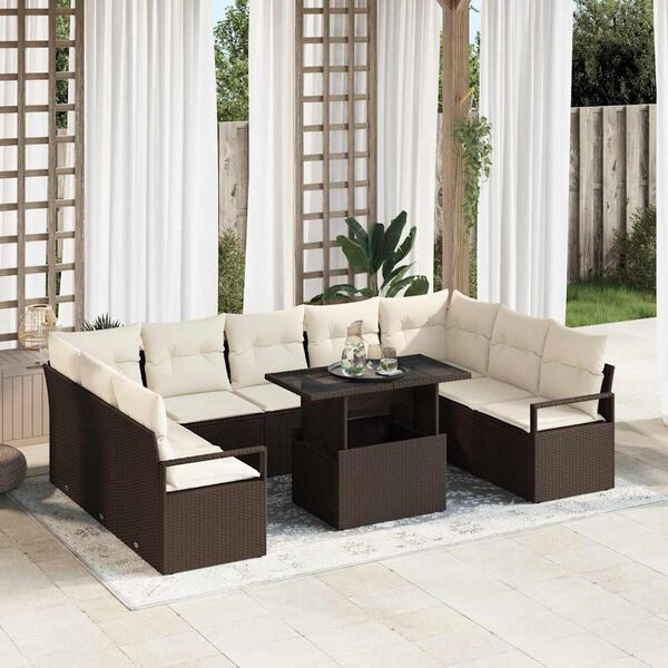 vidaXL Garten-Sofa-Set mit Kissen 10 pcs Braun und Creme Poly-Rattan