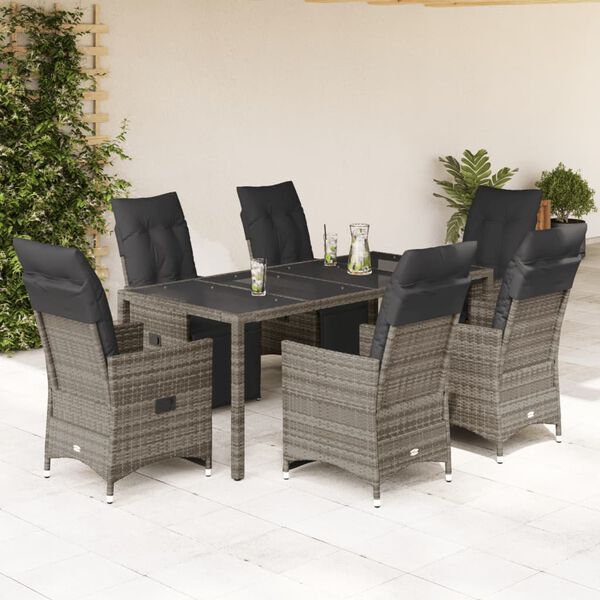 vidaXL 7-tlg. Garten-Bistro-Set mit Kissen Grau Poly Rattan