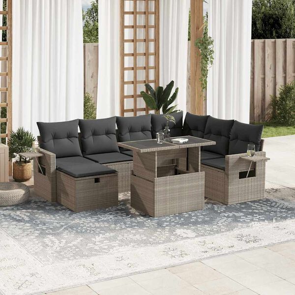 vidaXL 8-tlg. Garten-Sofagarnitur mit Kissen Hellgrau Poly Rattan