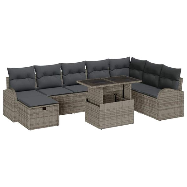 vidaXL Garten-Sofa-Set mit Kissen mit Speicher 9 pcs Grau Poly Rattan