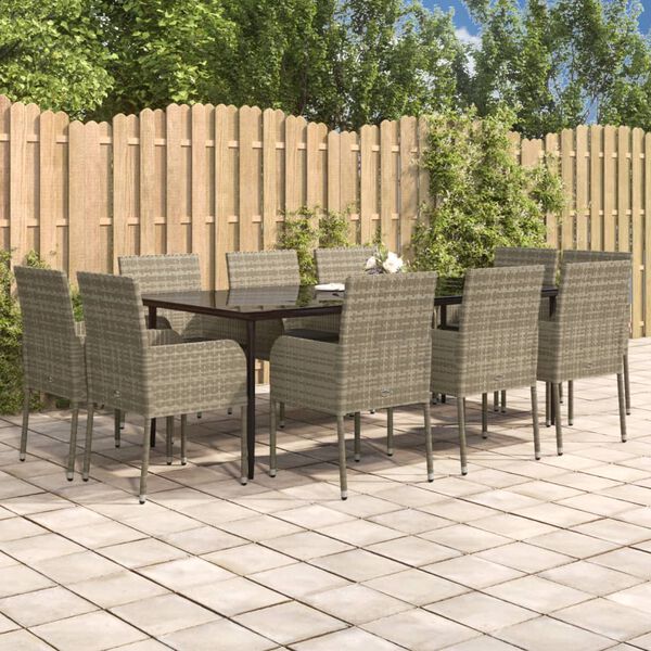 vidaXL 11-tlg. Garten-Essgruppe mit Kissen Schwarz & Grau Poly Rattan