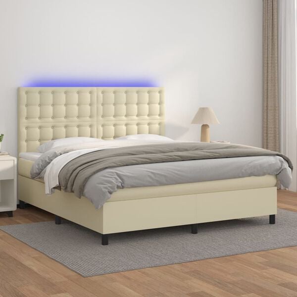 vidaXL Boxspringbett mit Matratze & LED Creme 180x200 cm Kunstleder