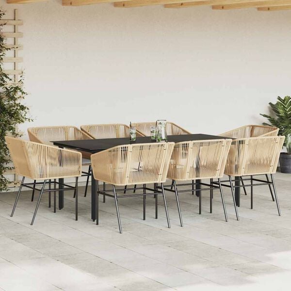 vidaXL 9-tlg. Garten-Essgruppe mit Kissen Braun Poly Rattan Glas