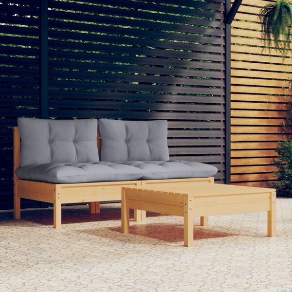 vidaXL 3-tlg. Garten-Lounge-Set mit Grauen Kissen Kiefernholz