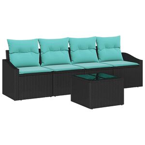 vidaXL Sofa Set 5 stk. 3-Sitzanzahl Schwarz und T&uuml;rkis Poly Rattan