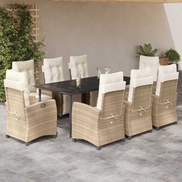vidaXL 9-tlg. Garten-Essgruppe mit Kissen Beige Poly Rattan