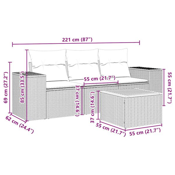 vidaXL 4-tlg. Garten-Sofagarnitur mit Kissen Schwarz Poly Rattan