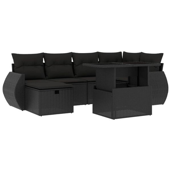 vidaXL 7-tlg. Garten-Sofagarnitur mit Kissen Schwarz Poly Rattan
