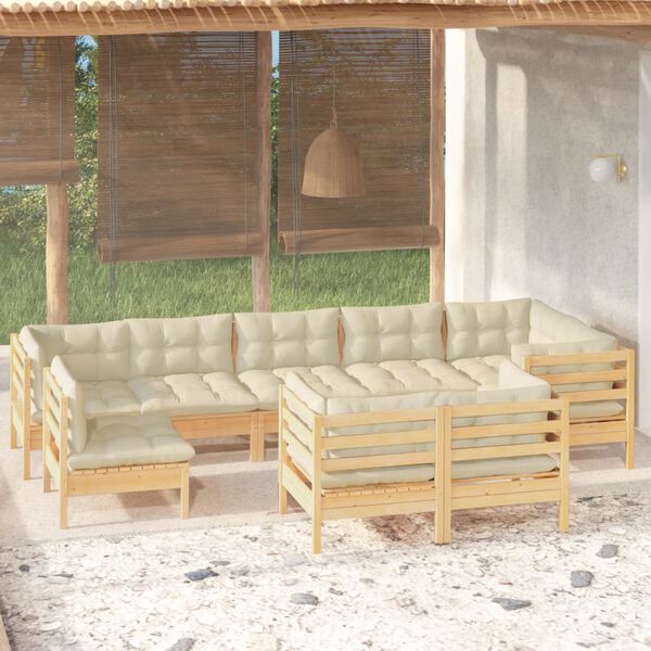 vidaXL 9-tlg. Garten-Lounge-Set mit Creme Kissen Massivholz Kiefer