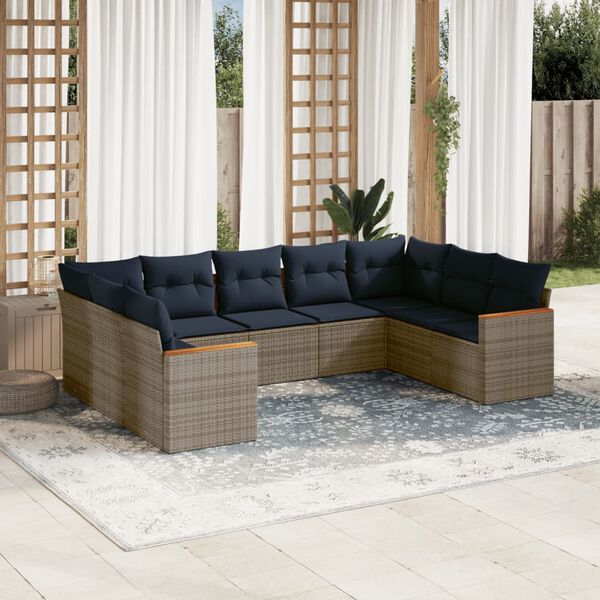 vidaXL 9-teiliges Gartensofa-Set mit Kissen, grau, Polyrattan