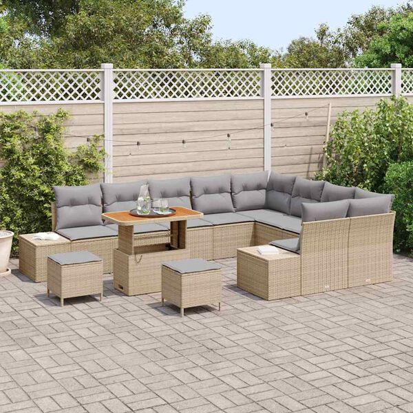 vidaXL Gartensofa-set mit Kissen mit Speicher 12 pcs Beige Poly Rattan
