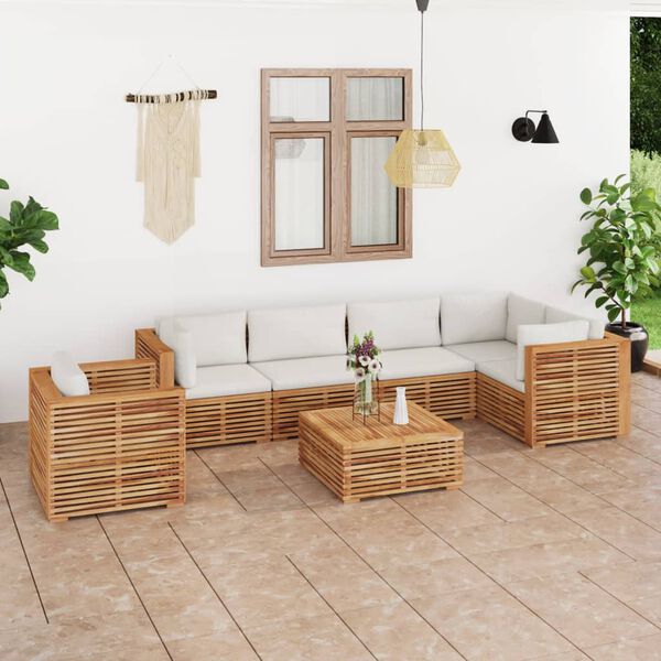 vidaXL 7-tlg. Garten-Lounge-Set mit Kissen Creme Massivholz Teak