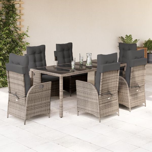 vidaXL 7-tlg. Garten-Essgruppe mit Kissen Grau Poly Rattan