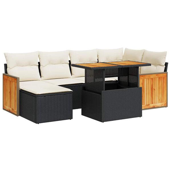vidaXL 7-tlg. Garten-Sofagarnitur mit Kissen Schwarz Poly Rattan
