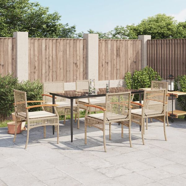 vidaXL 7-tlg. Garten-Essgruppe mit Kissen Beige Poly Rattan