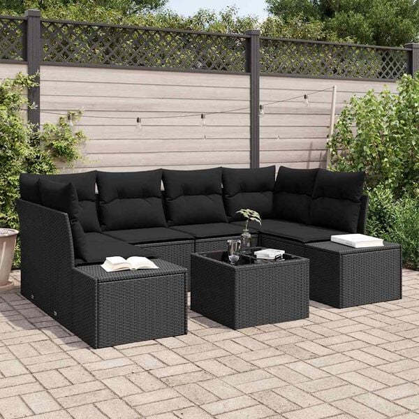 vidaXL Garten-Sofa-Set mit Kissen 7 pcs Schwarz Poly-Rattan