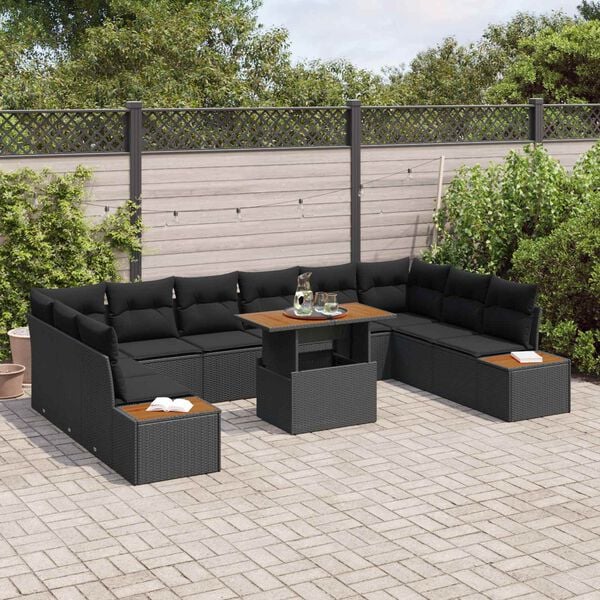 vidaXL Garten-Sofa-Set mit Speicher 11 pcs Schwarz Poly Rattan