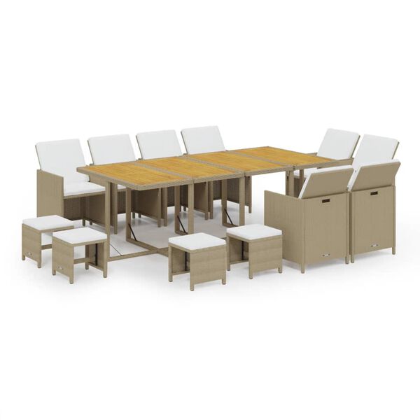 vidaXL 13-tlg. Garten-Essgruppe mit Kissen Poly Rattan Beige