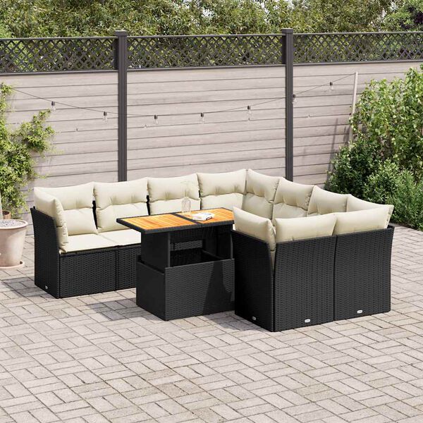 vidaXL 9-tlg. Garten-Sofagarnitur mit Kissen Schwarz Poly Rattan