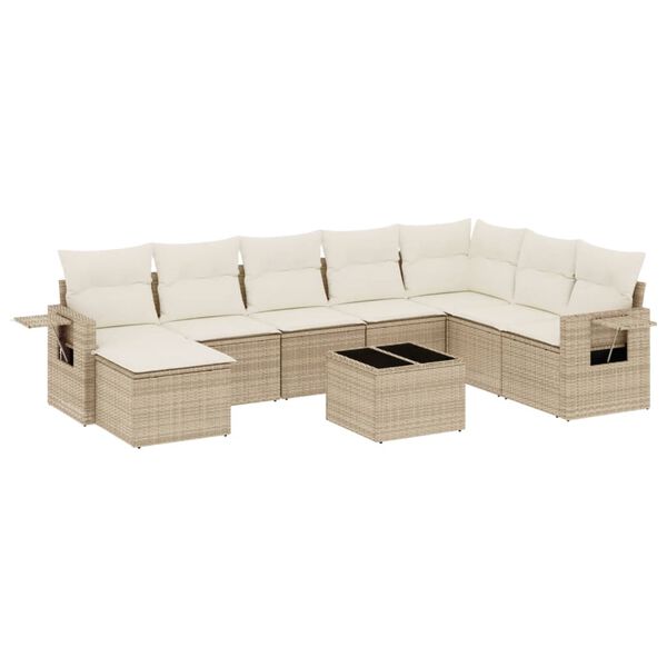 vidaXL 9-tlg. Garten-Sofagarnitur mit Kissen Beige Poly Rattan