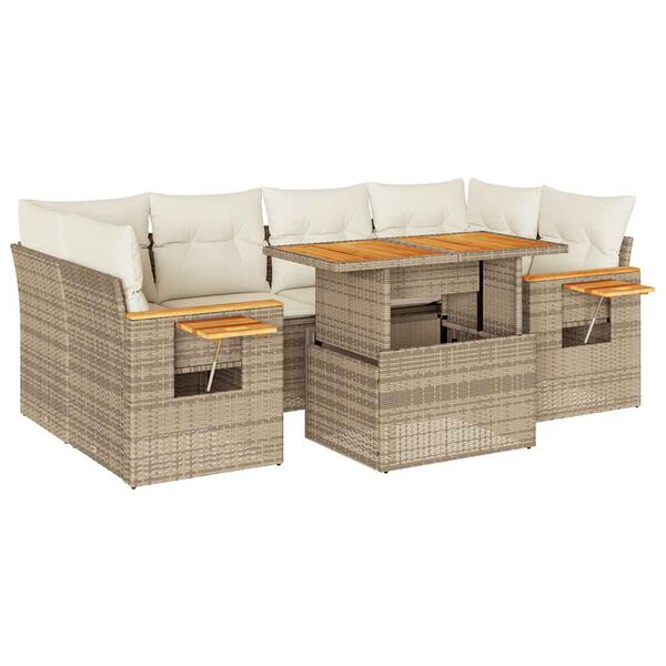 vidaXL 7-tlg. Garten-Sofagarnitur mit Kissen Beige Poly Rattan Akazie