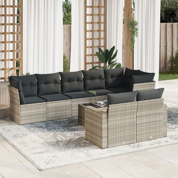 vidaXL 9-tlg. Garten-Sofagarnitur mit Kissen Hellgrau Poly Rattan