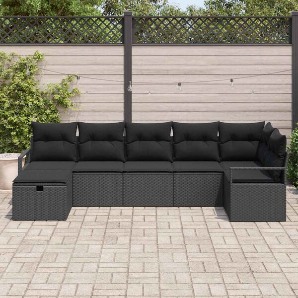 vidaXL Sofa Set mit Kissen mit Speicher 7 pcs Schwarz Poly-Rattan