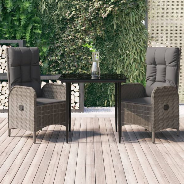 vidaXL 3-tlg. Garten-Essgruppe mit Kissen Schwarz und Grau Poly Rattan