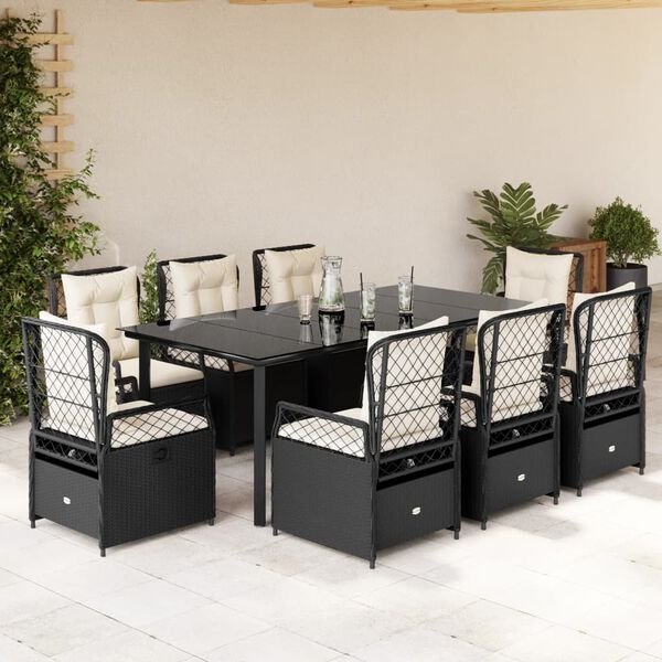 vidaXL 9-tlg. Garten-Essgruppe mit Kissen Schwarz Poly Rattan