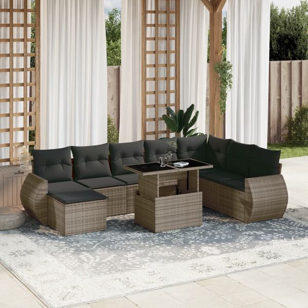 vidaXL 9-tlg. Garten-Sofagarnitur mit Kissen Grau Poly Rattan