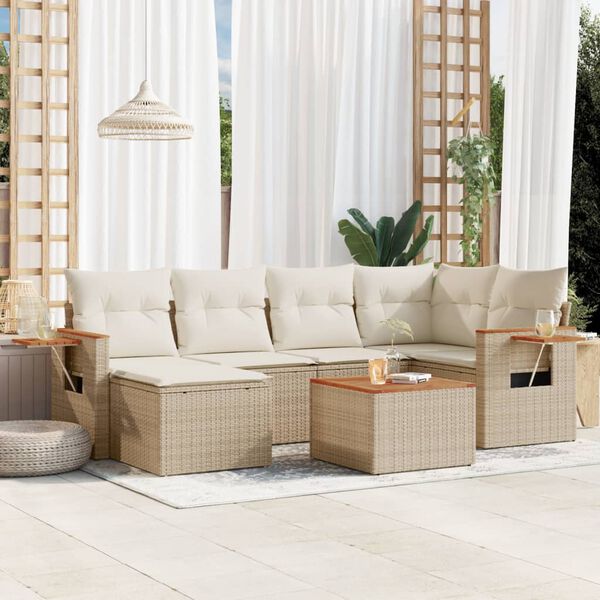 vidaXL 7-tlg. Garten-Sofagarnitur mit Kissen Beige Poly Rattan