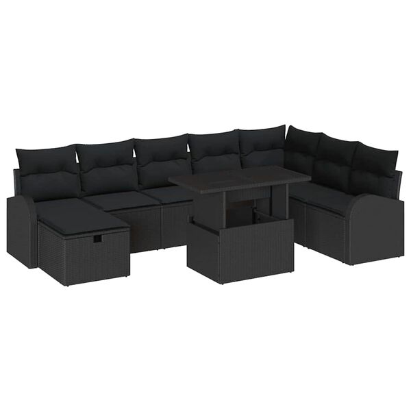 vidaXL Garten-Sofa-Set mit Kissen 9 pcs Schwarz Poly Rattan