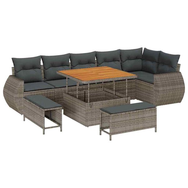 vidaXL Gartensofa-set mit Kissen mit Speicher 9 pcs Grau Poly Rattan